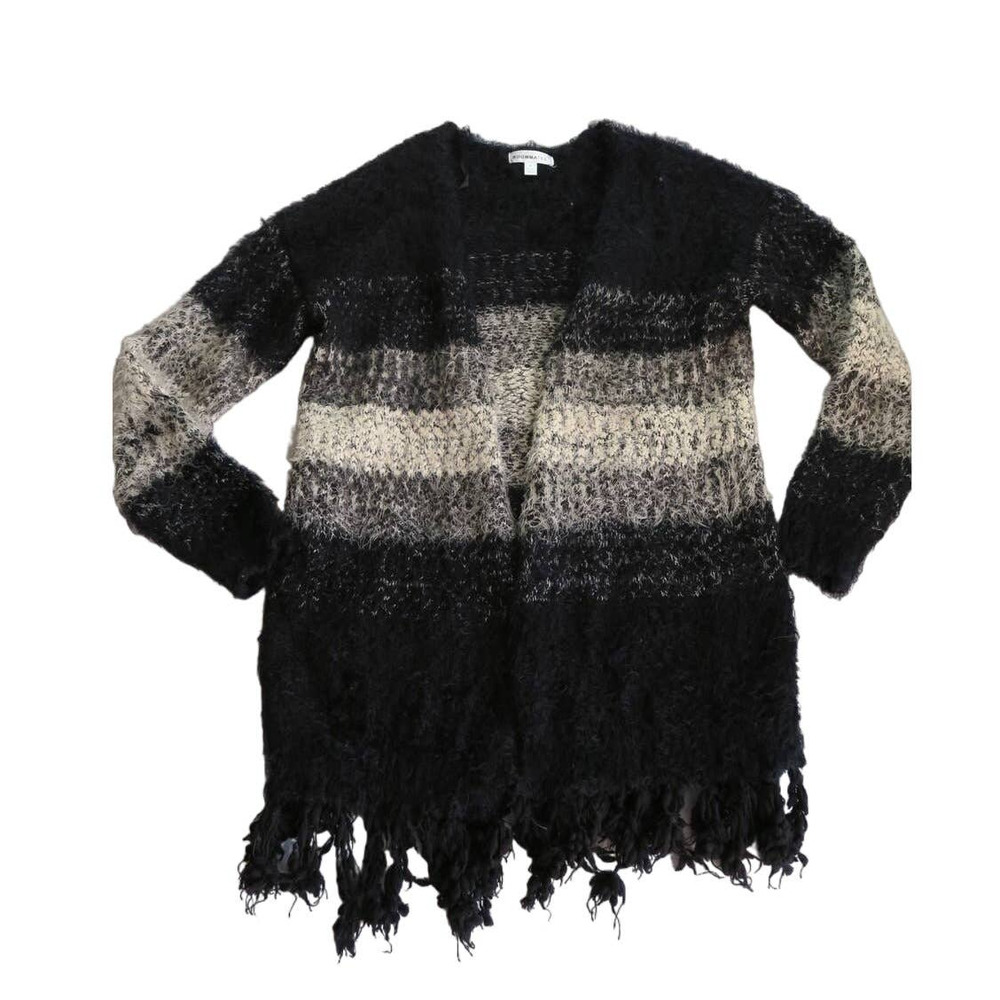 Roommates Women's Striped Nubby Fuzzy Knit Tassel Hem Cardigan‎ Sweater. Size L